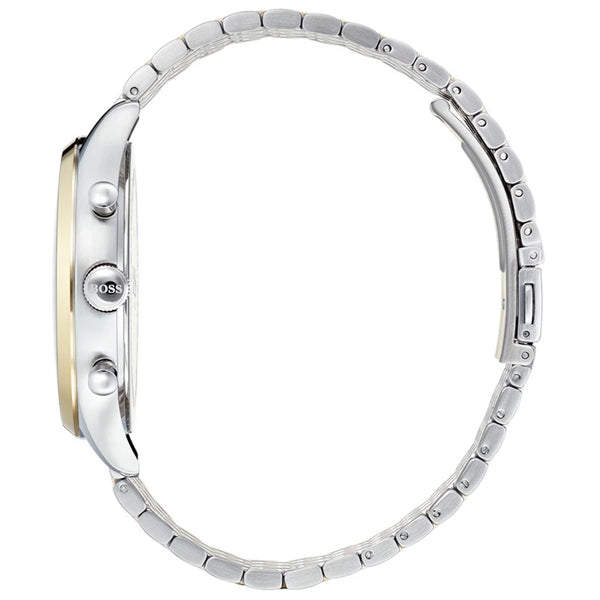 Side view of Hugo Boss Classic Companion watch showing white dial and two-tone metal bracelet