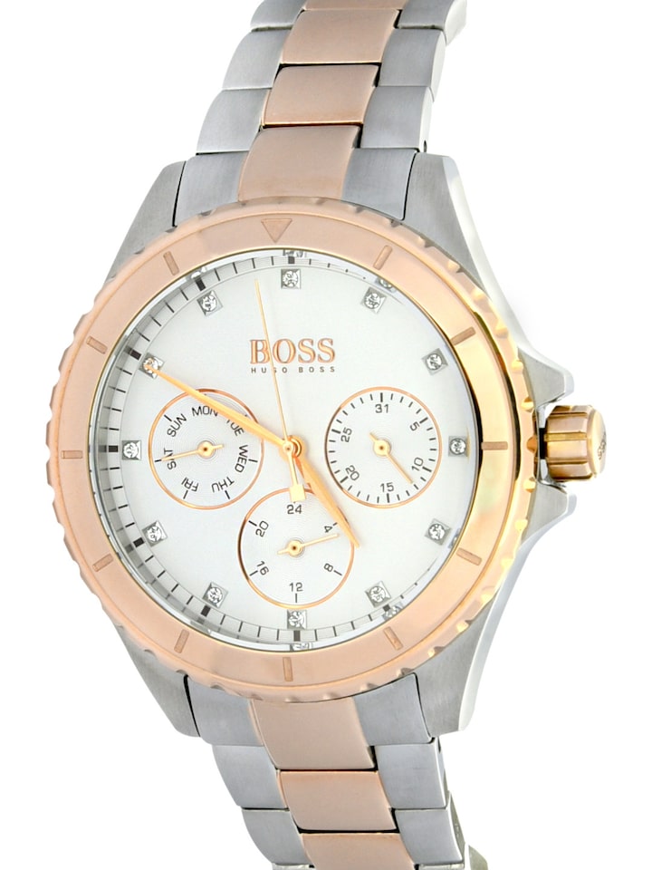 Side angle view of Hugo Boss Classic two-tone watch showing rose gold bezel and silver-rose gold bracelet