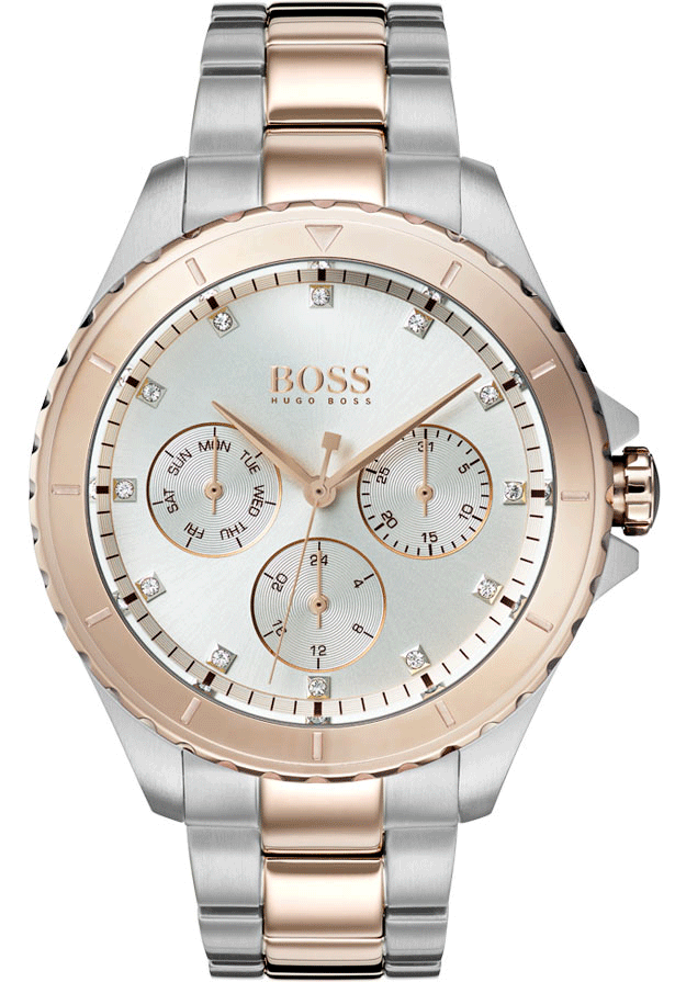 Hugo Boss Classic silver and rose gold two-tone women's watch with white dial and chronograph subdials