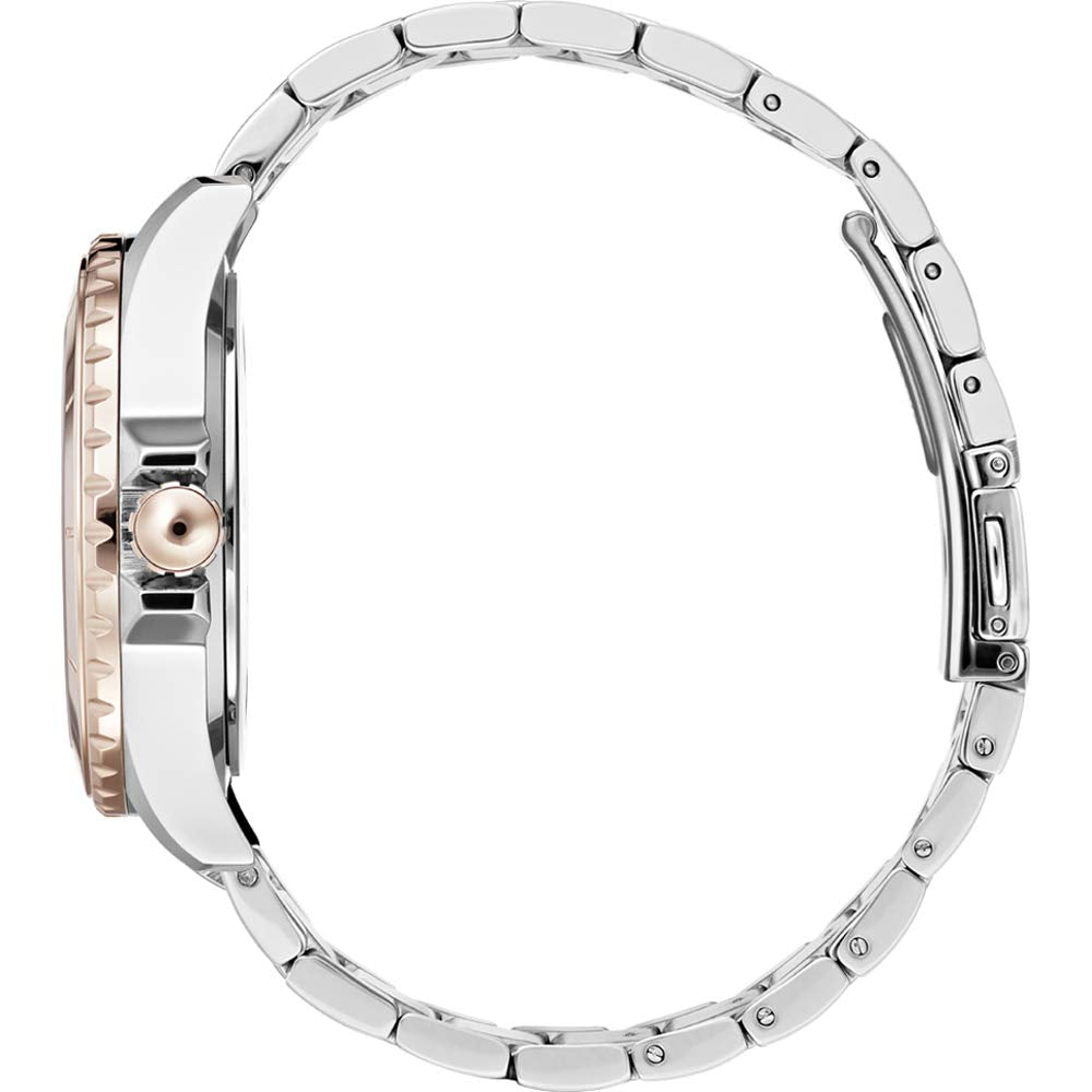 Side profile of Hugo Boss Classic women's watch showing rose gold crown and two-tone bracelet