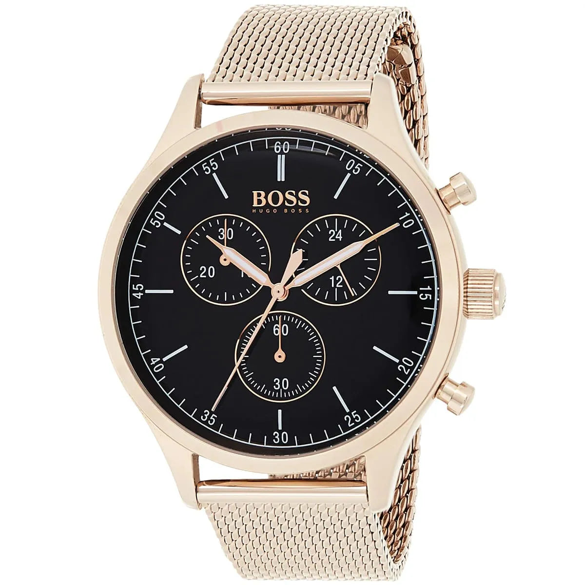 Hugo Boss Companion watch 1513548 at angle showing black dial and rose gold case