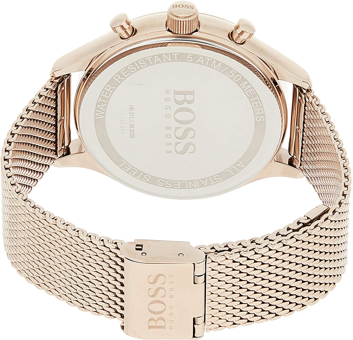 Hugo Boss Companion watch caseback showing water-resistant engraving and mesh bracelet