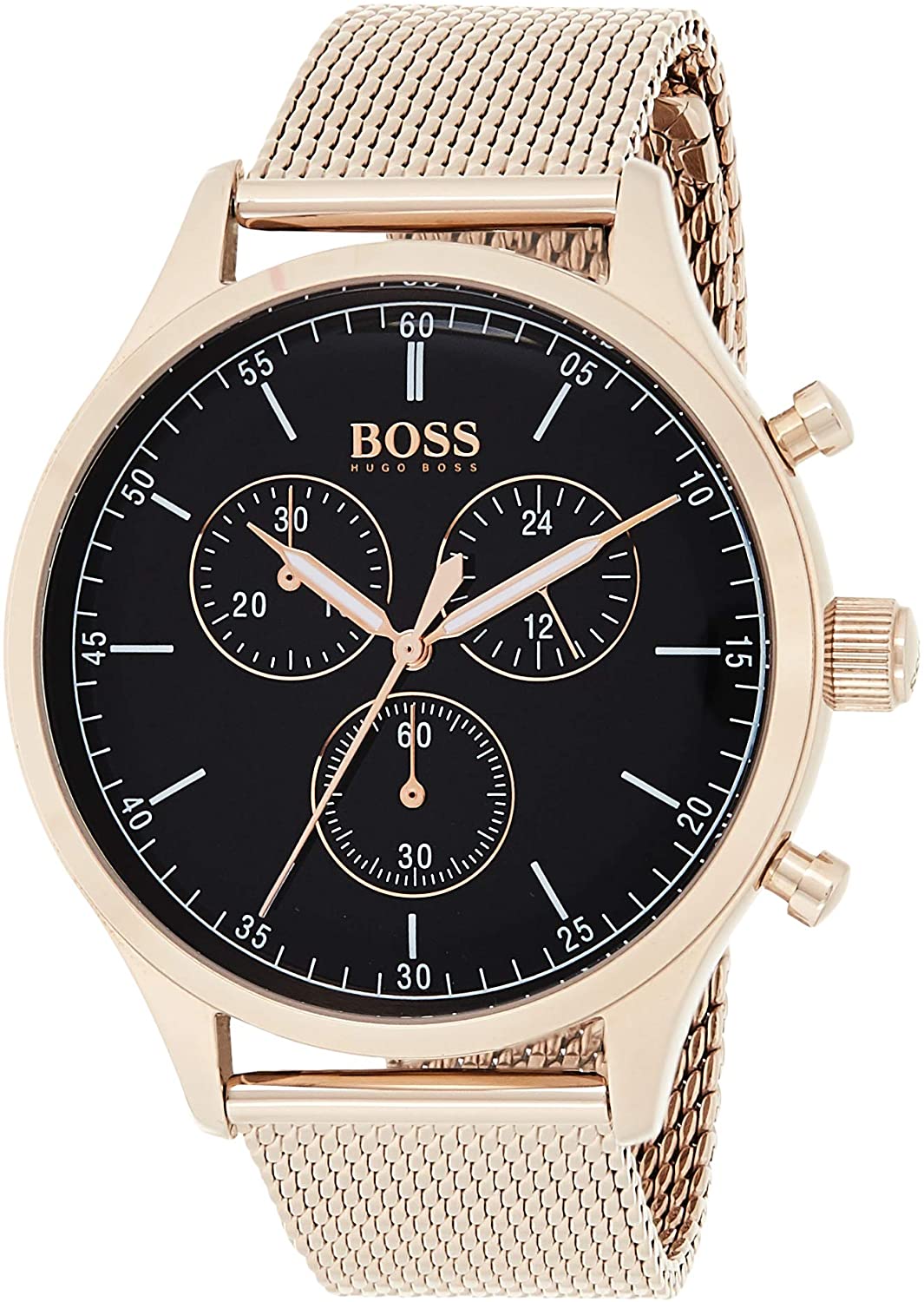 Hugo Boss Companion rose gold-tone steel chronograph watch with black dial and mesh bracelet