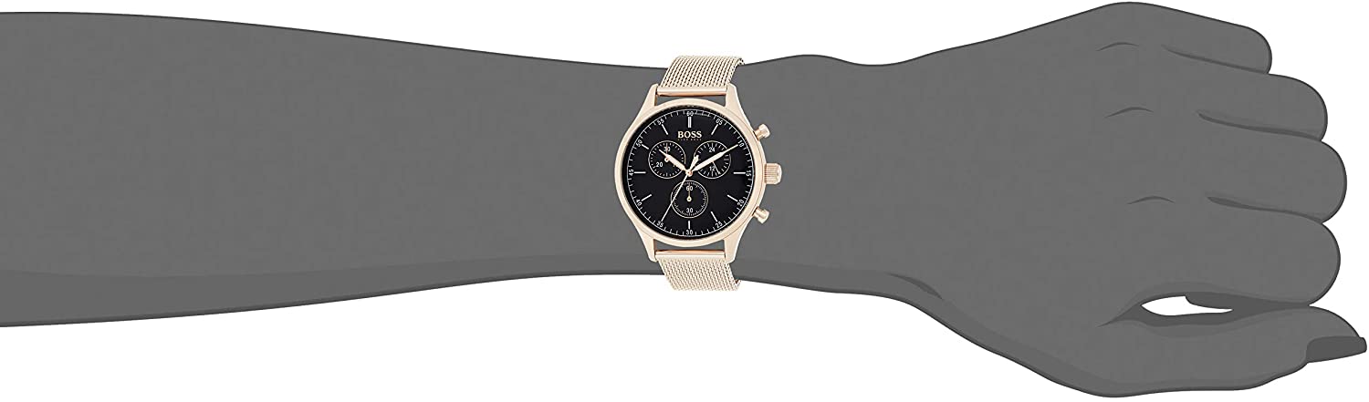 Hugo Boss Companion chronograph watch worn on wrist showing rose gold case and black dial