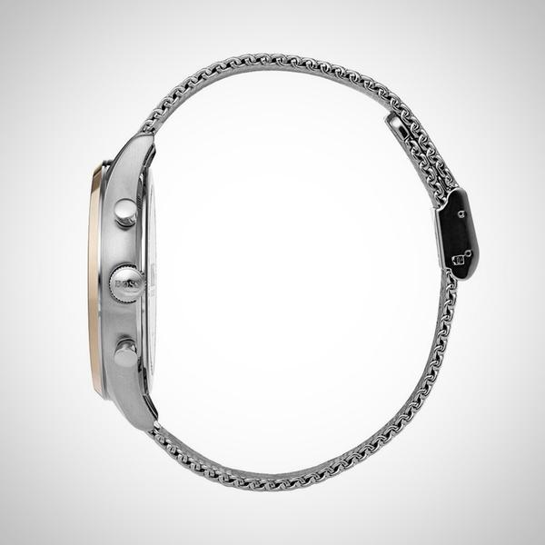 Hugo Boss Companion chronograph watch side view showing case thickness and pusher buttons