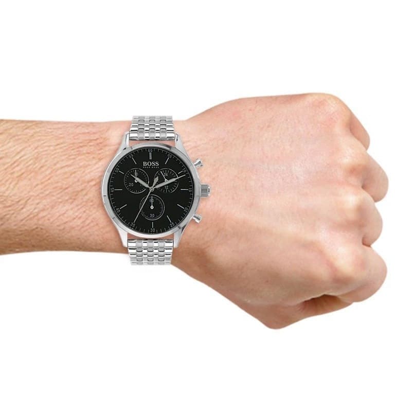 Hugo Boss Companion chronograph watch worn on wrist with black dial and steel bracelet