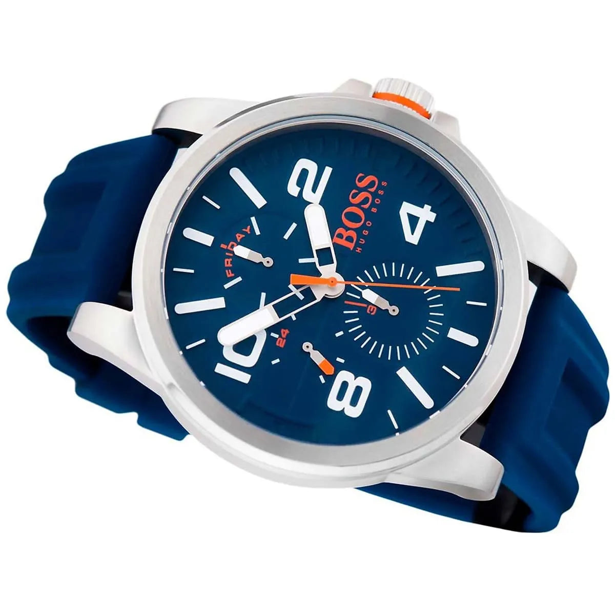 Hugo Boss Detroit watch angled view displaying blue dial with white numerals and orange accents