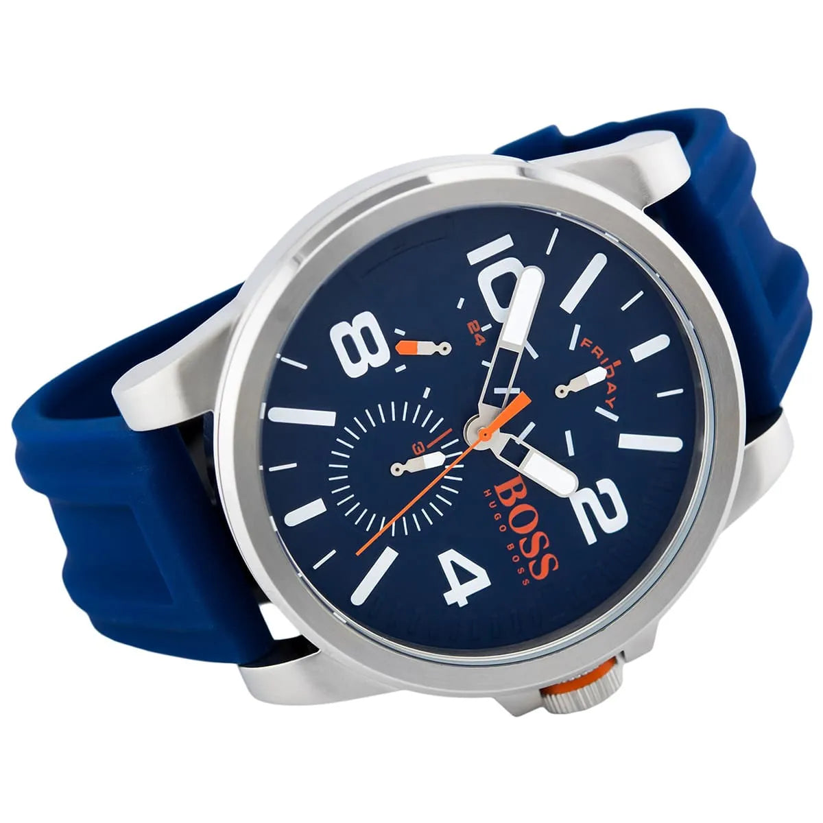 Hugo Boss Detroit men's watch with blue dial, large numerals, and subdial on blue strap