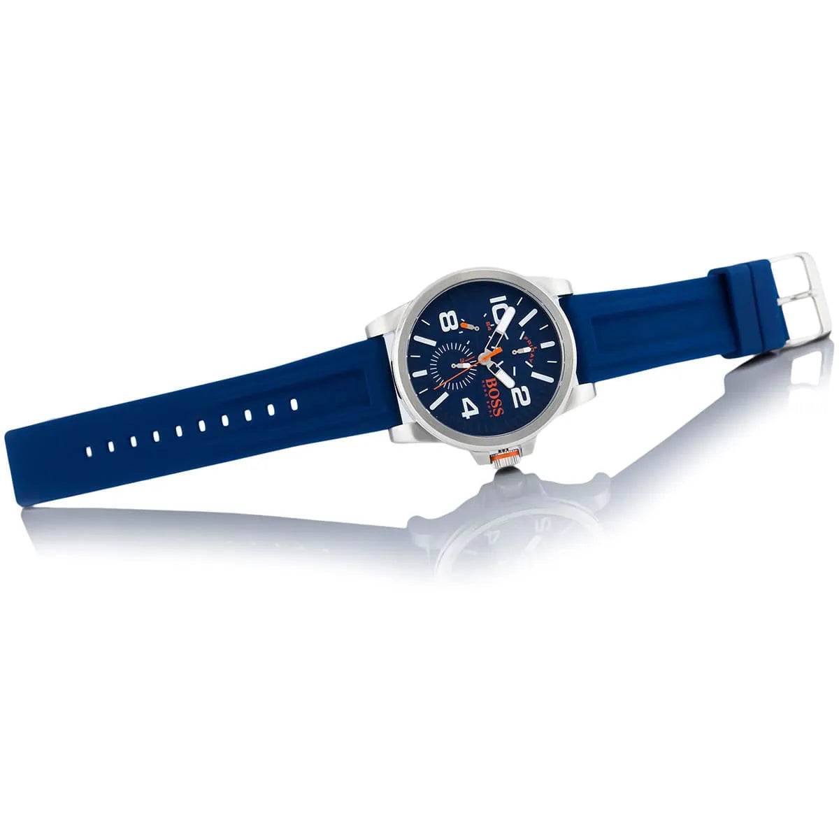 Hugo Boss Detroit watch showing full blue silicone strap with stainless steel buckle