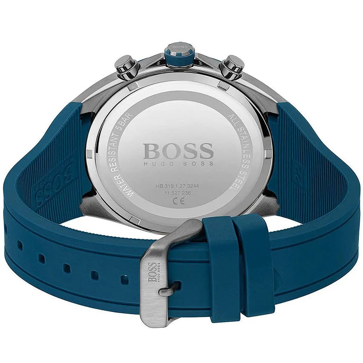 Hugo Boss Distinct blue chronograph watch worn on wrist with blue dial and chronograph subdials