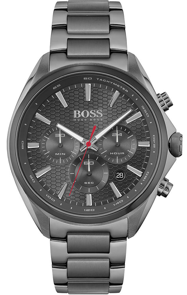 Hugo Boss Distinct grey chronograph watch with textured dial, luminous hands, and red chronograph hand