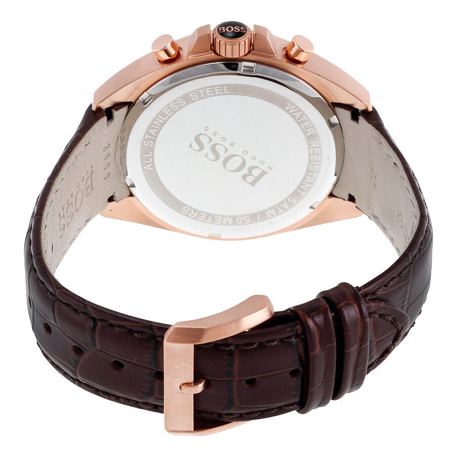 Hugo Boss Driver Chronograph caseback showing stainless steel with engravings and brown leather strap