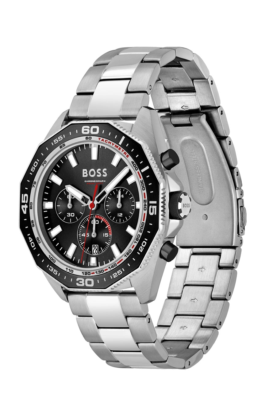 Hugo Boss Energy chronograph watch shown at angle with silver bracelet and black bezel