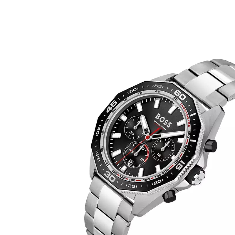 Hugo Boss Energy chronograph watch tilted view showing dial and silver bracelet