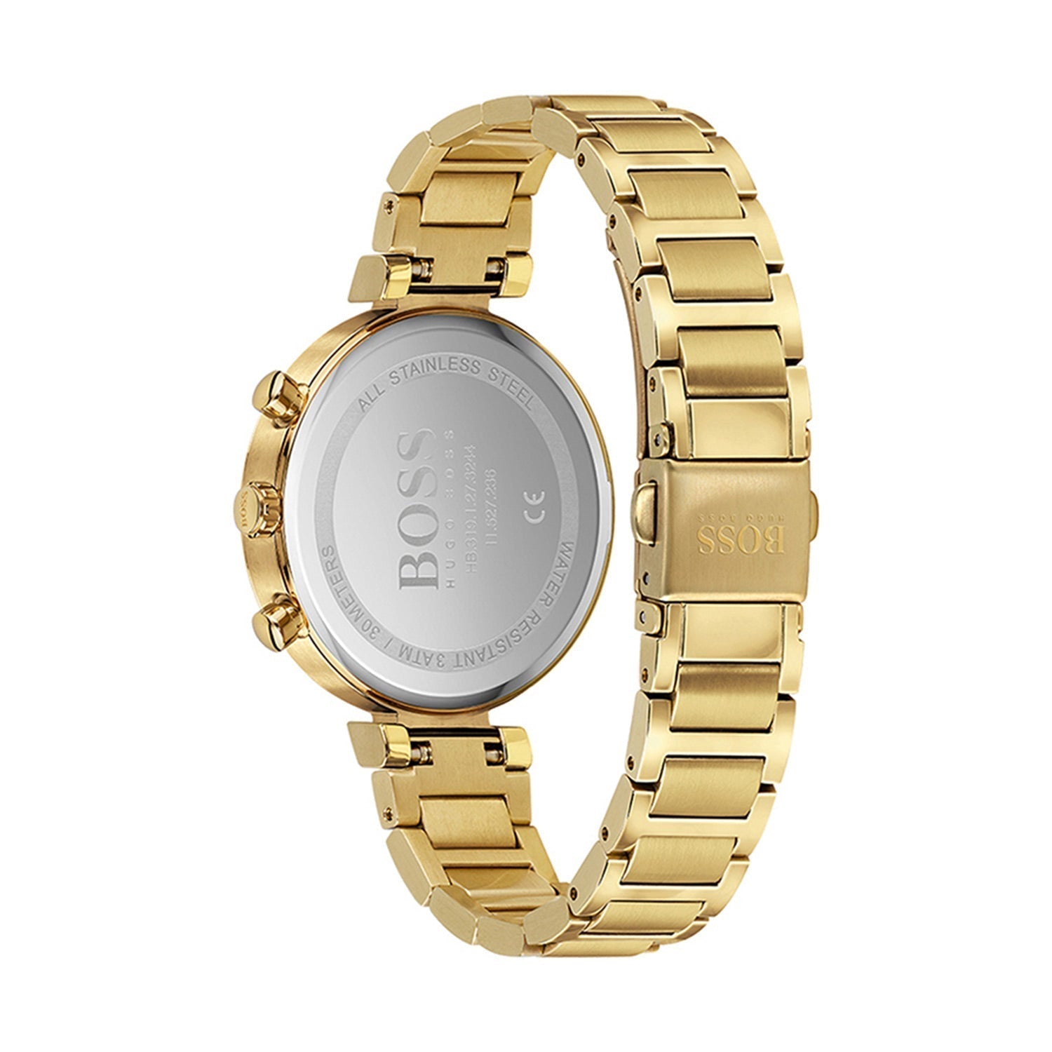 Hugo Boss Flawless watch caseback showing stainless steel case and BOSS branding