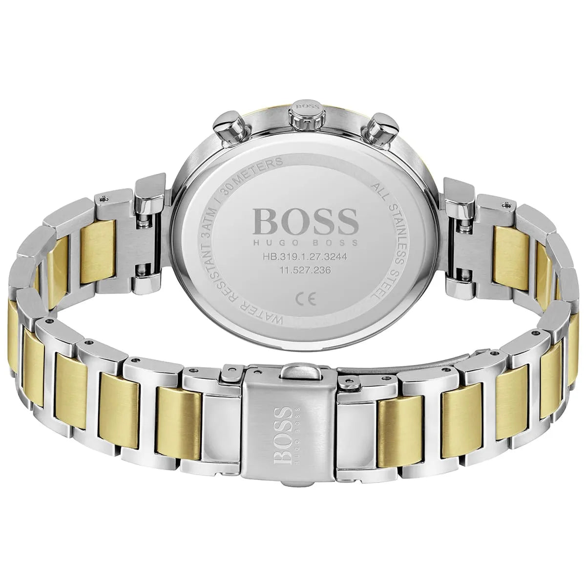 Hugo Boss Flawless case back showing stainless steel two-tone construction and model number engraving
