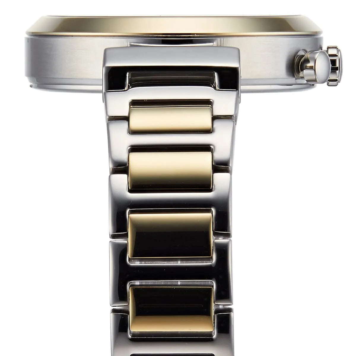 Close-up of Hugo Boss Flawless bracelet clasp and end links showing two-tone stainless steel construction