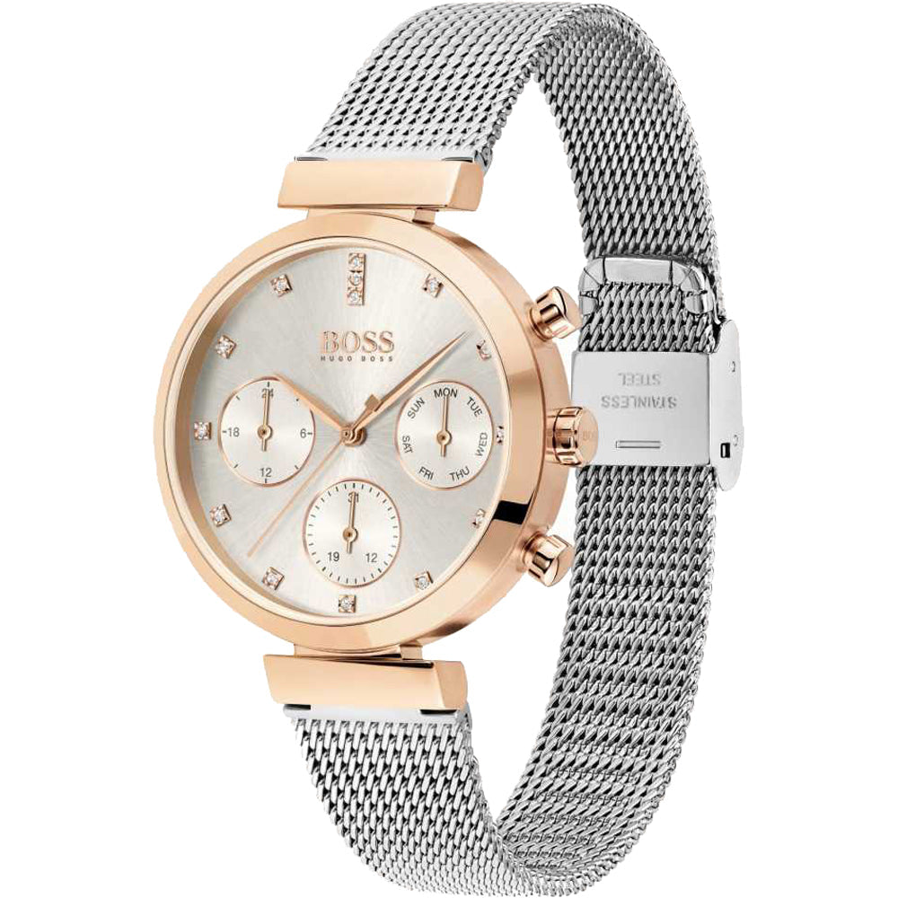 Hugo Boss Flawless women's watch at three-quarter angle showing silver mesh strap
