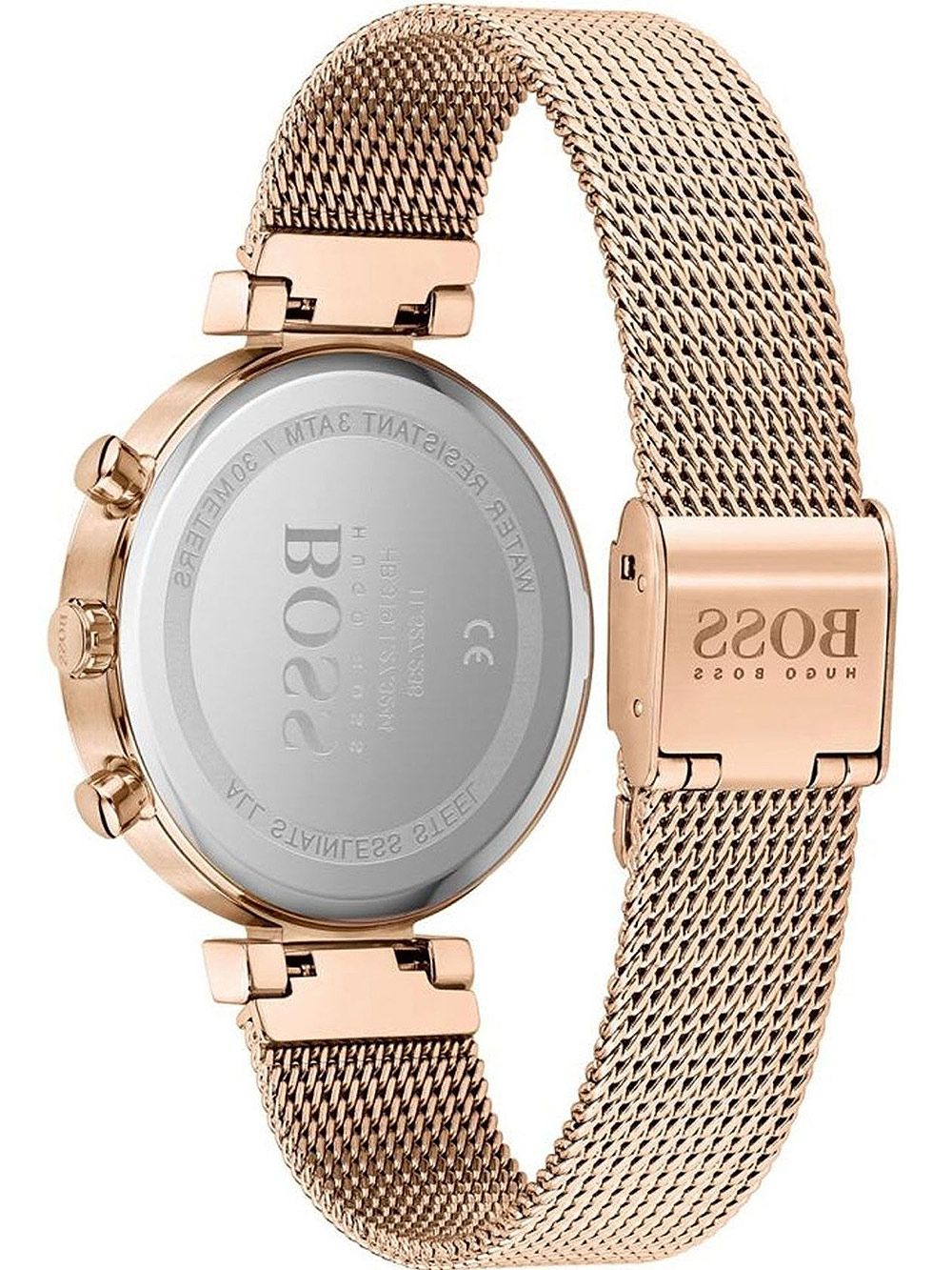 Hugo Boss Flawless caseback showing rose gold case and mesh bracelet