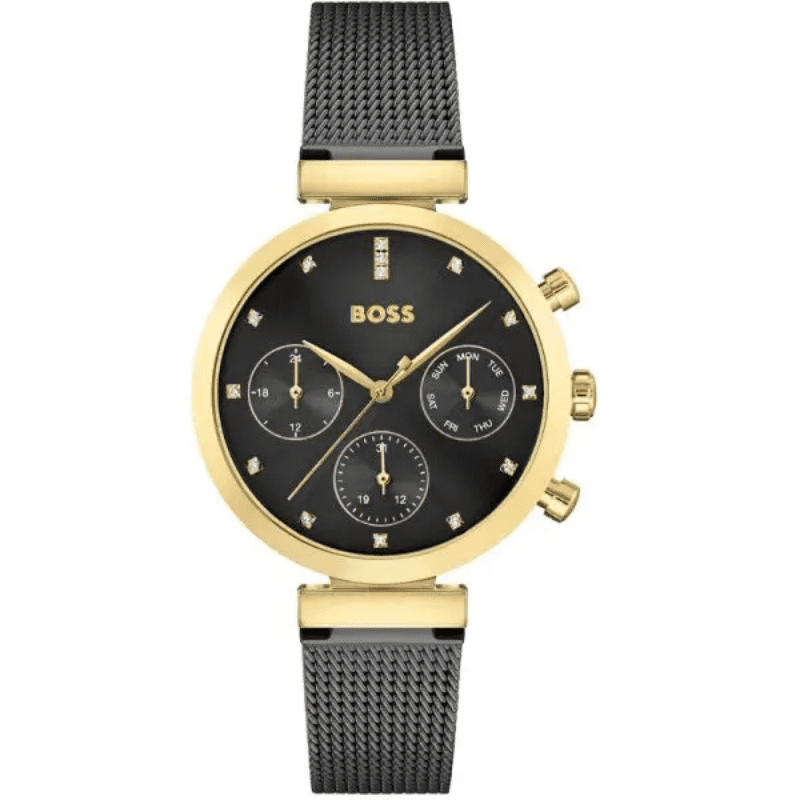 Hugo Boss Flawless chronograph women's watch with black dial, gold-tone case, and black mesh bracelet