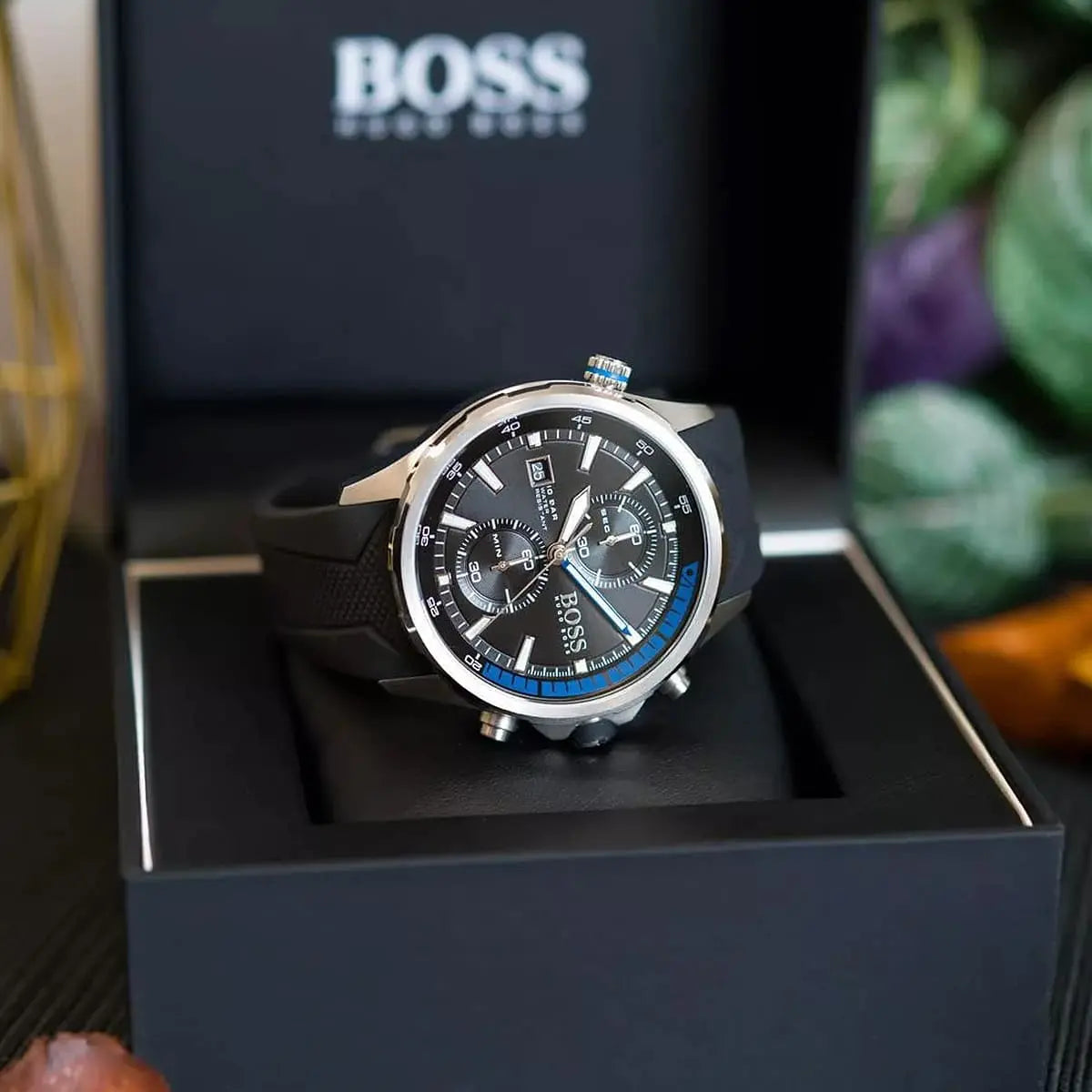 Hugo Boss Globetrotter chronograph watch displayed in Hugo Boss black gift box