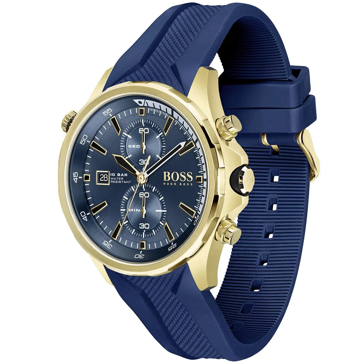 Hugo Boss Globetrotter watch showing gold case, blue dial, and blue silicone strap