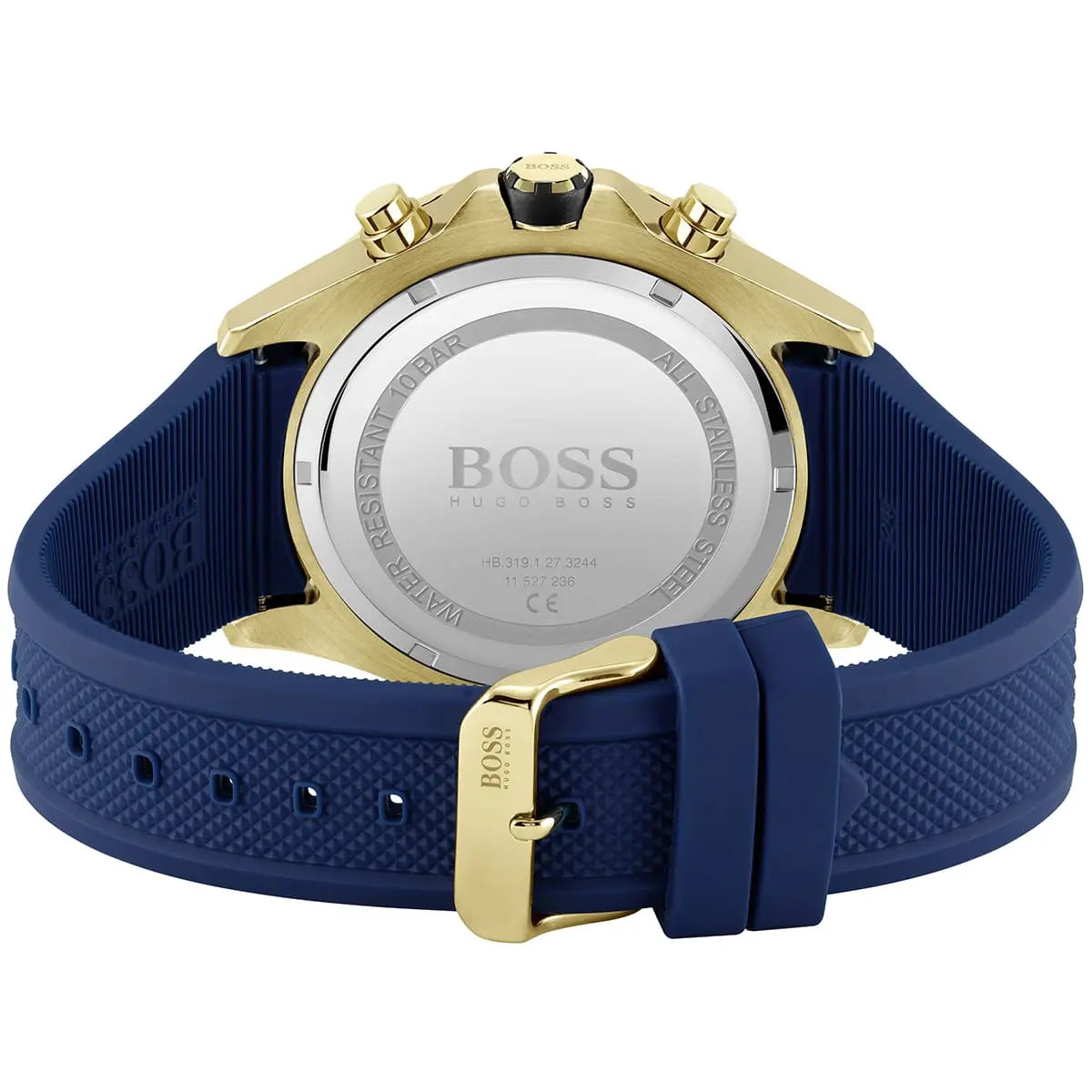 Hugo Boss Globetrotter caseback showing engraved BOSS logo and specifications