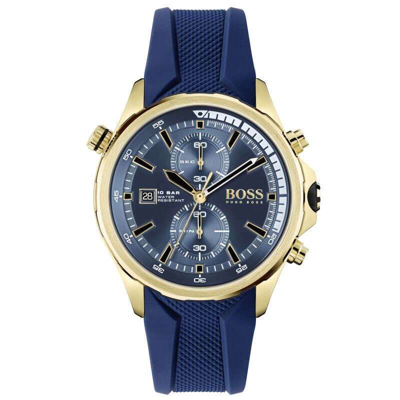 Hugo Boss Globetrotter chronograph watch with blue dial and gold-tone case