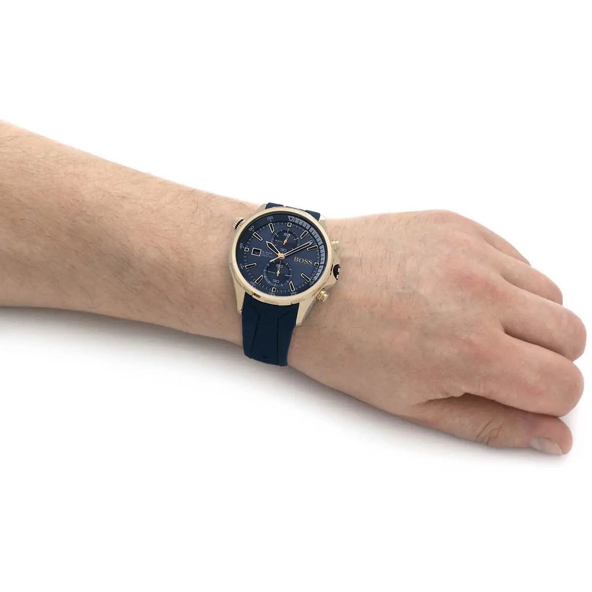 Hugo Boss Globetrotter chronograph watch worn on wrist with blue strap