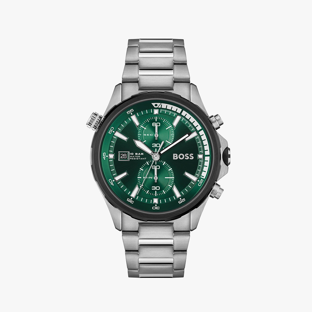 Hugo Boss Globetrotter watch angled view showing green dial and metal bracelet