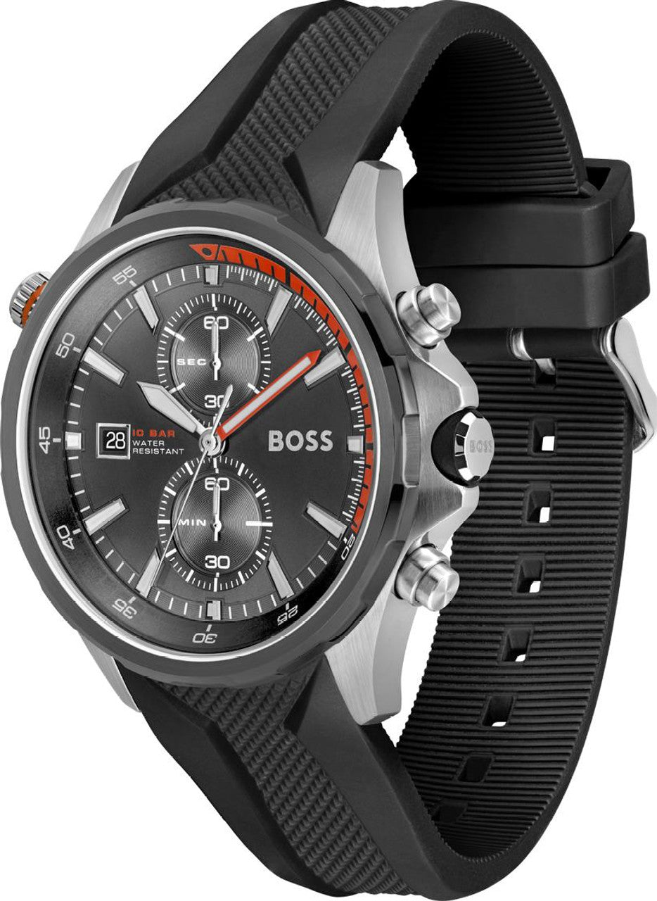 Hugo Boss Globetrotter men's watch with black dial, stainless steel case, chronograph subdials and black silicone strap