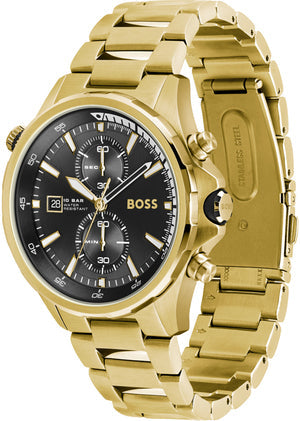 Hugo Boss Globetrotter gold chronograph watch shown from side angle with full bracelet view