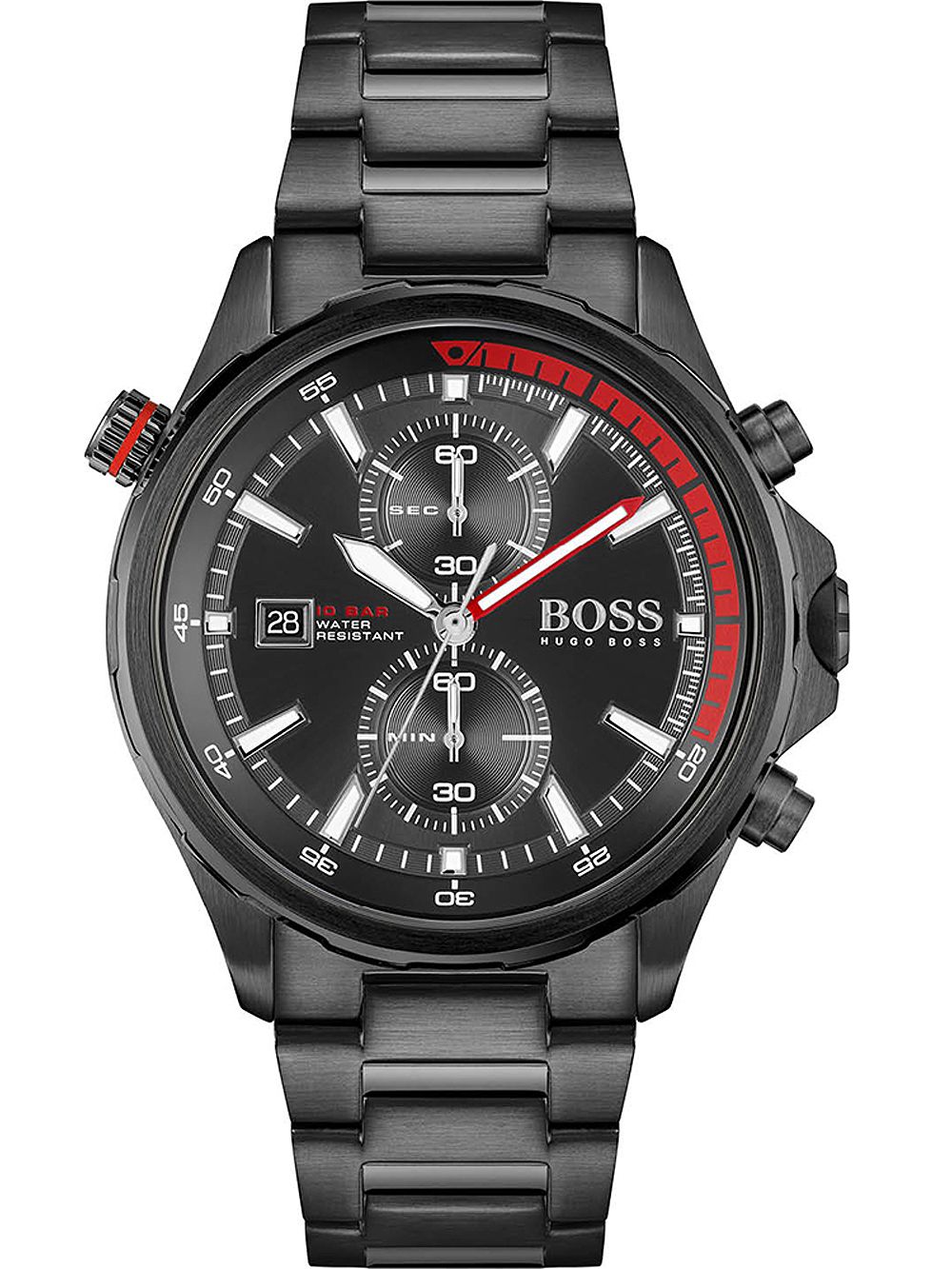 Hugo Boss Globetrotter black chronograph men's watch with all-black dial and red accents