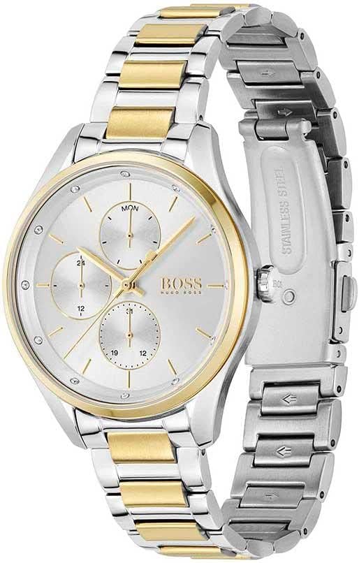 Hugo Boss Grand Course women's watch shown from angle with bracelet detail and caseback visible