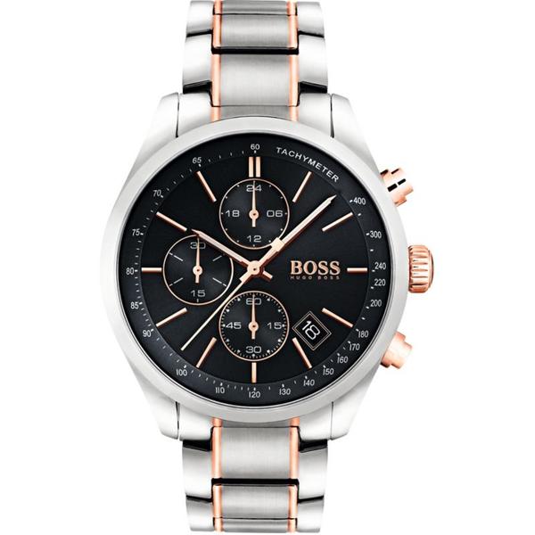 Hugo Boss Grand Prix chronograph watch with black dial and two-tone stainless steel bracelet