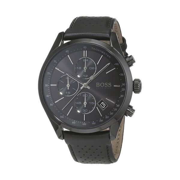 Hugo Boss Grand Prix chronograph watch with black dial and black leather strap