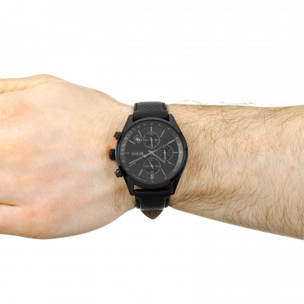Hugo Boss Grand Prix chronograph watch on wrist with black dial and leather strap