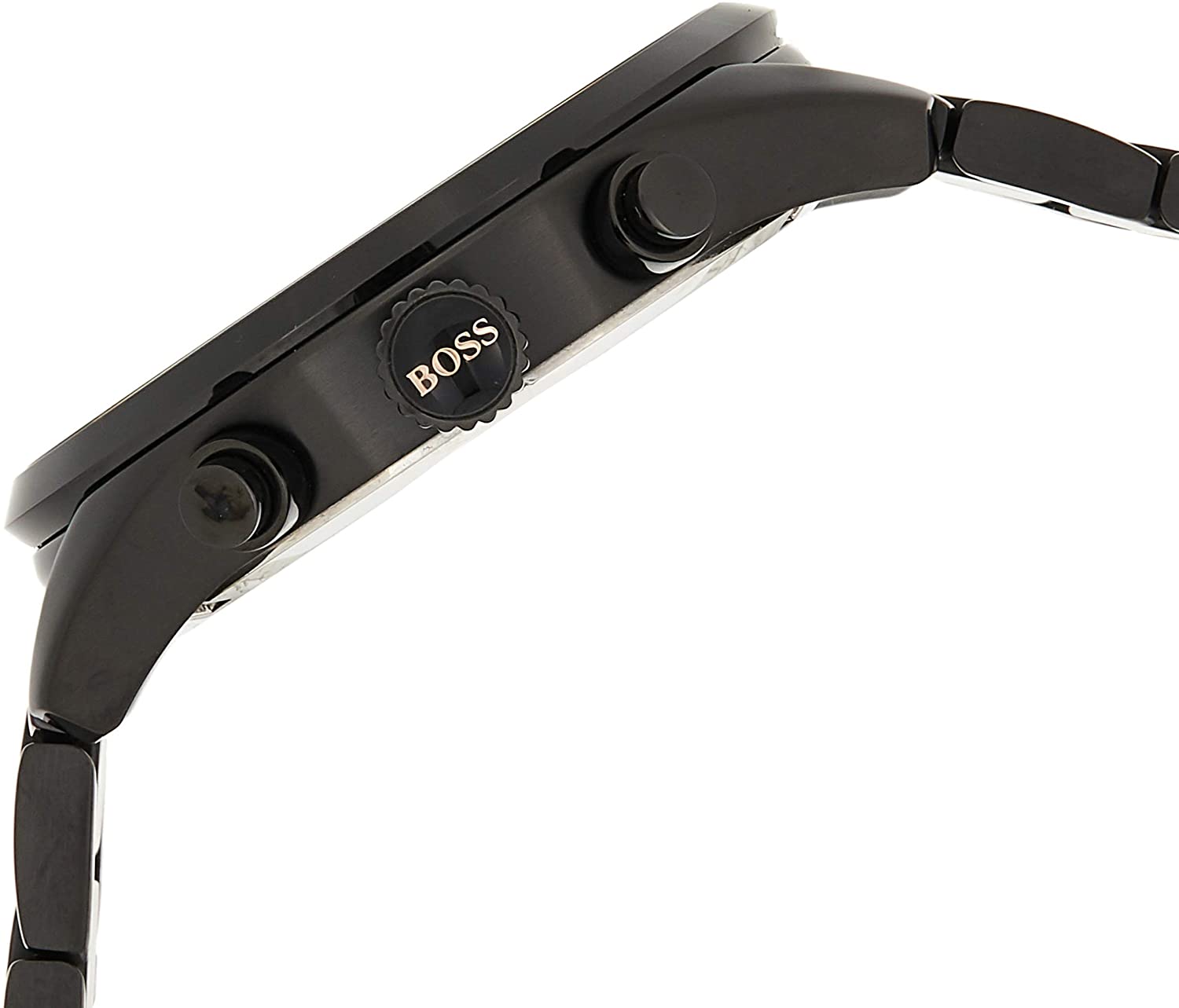 Hugo Boss Grand Prix side view showing black IP case profile and strap attachment
