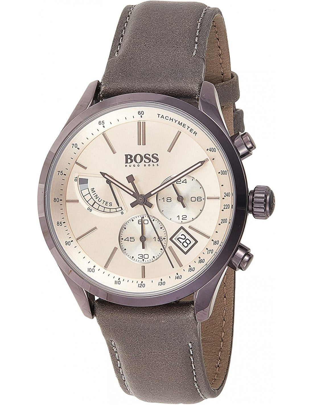 Hugo Boss Grand Prix men's watch with cream dial, grey leather strap and chronograph subdials