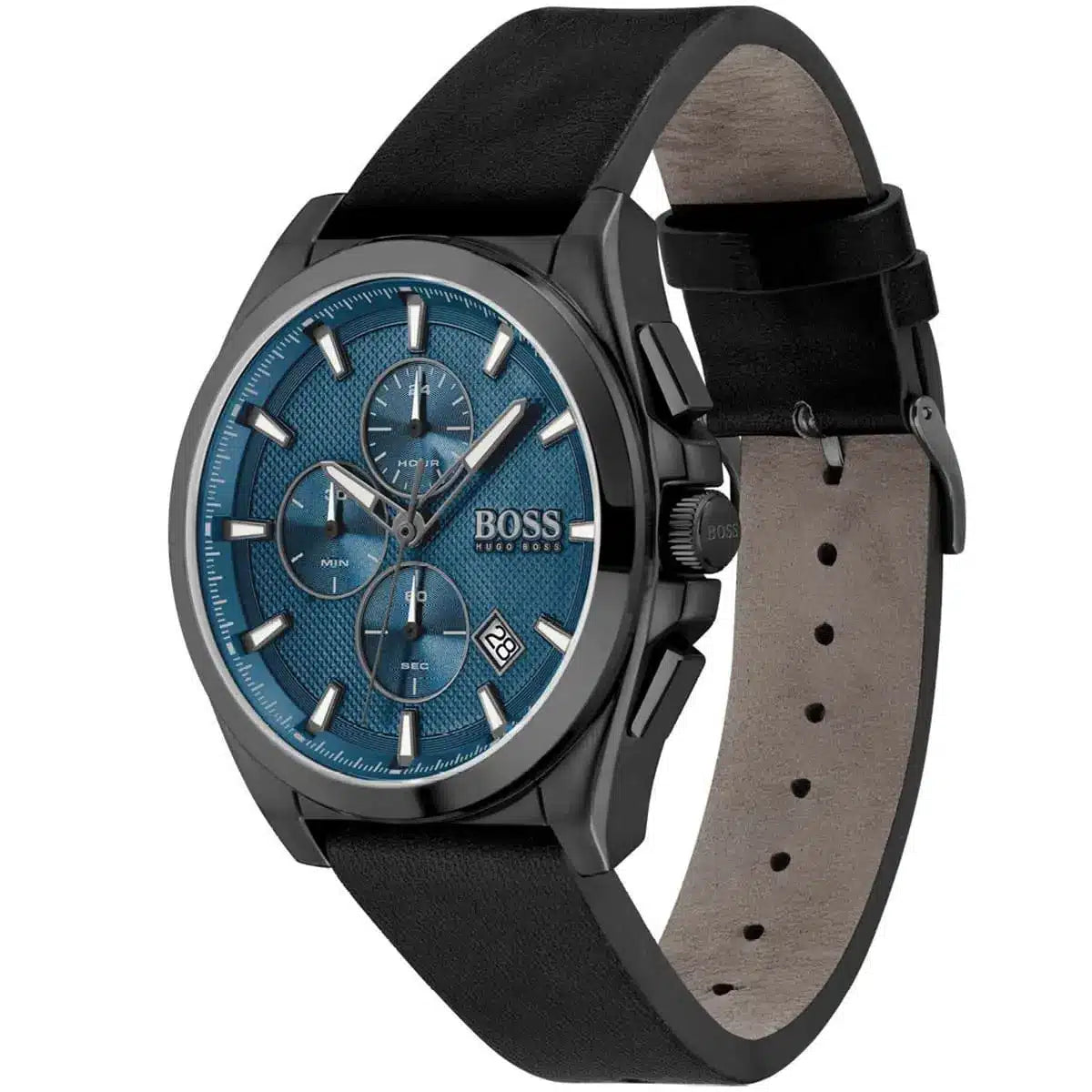 Side angled view of Hugo Boss Grandmaster watch showing blue chronograph dial and black leather strap
