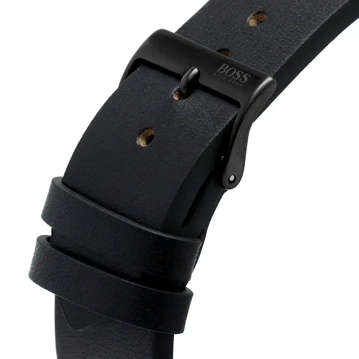Hugo Boss Grandmaster black leather strap with metal buckle and branded keeper