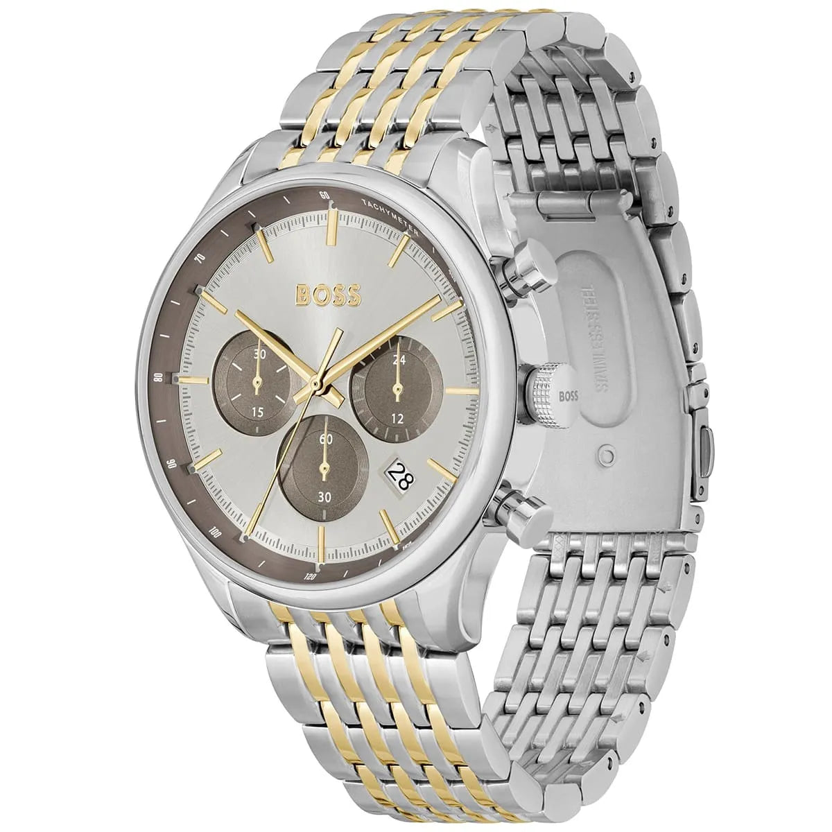 Side angle view of Hugo Boss Gregor watch showing case, dial, and two-tone metal bracelet