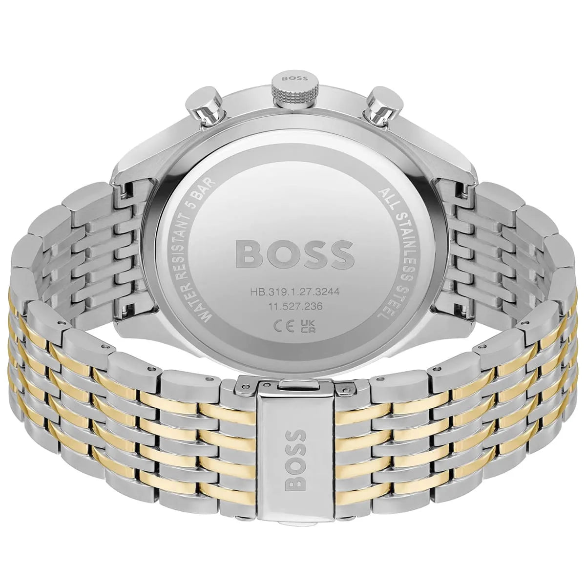 Hugo Boss Gregor watch caseback showing stainless steel case with model details and two-tone bracelet