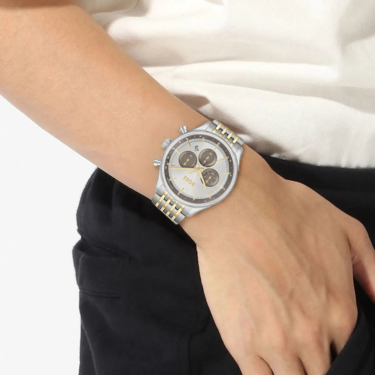 Hugo Boss Gregor chronograph watch worn on wrist showing silver dial and chronograph subdials