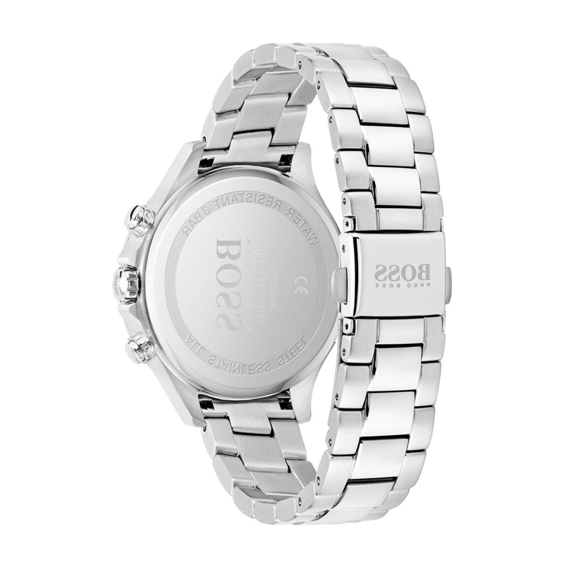 Hugo Boss Hera watch case back with BOSS branding and stainless steel three-link bracelet