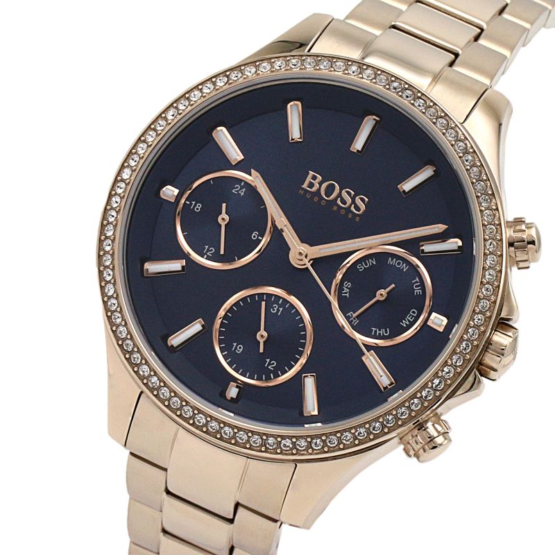 Hugo Boss Hera watch dial detail showing blue face, chronograph subdials, and diamond-set bezel