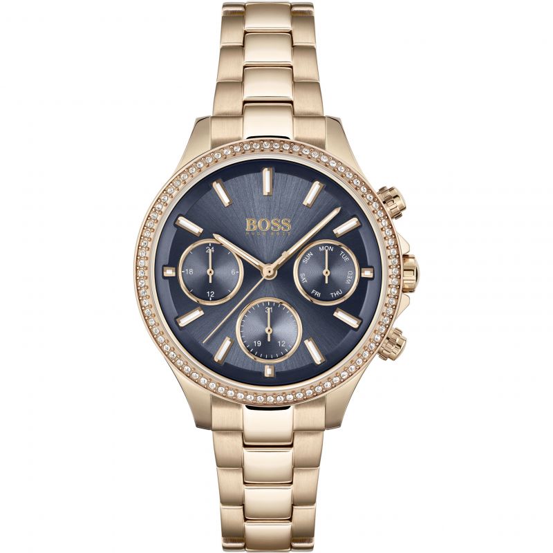 Hugo Boss Hera blue dial women's watch with diamond bezel and gold-tone stainless steel bracelet