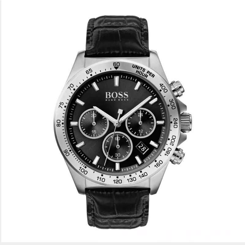 Hugo Boss Hero chronograph watch with black dial and black leather strap