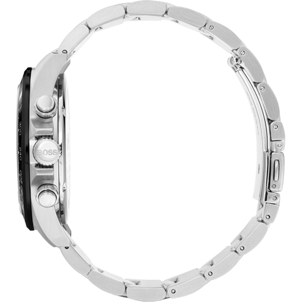 Hugo Boss Hero watch side profile showing chronograph pushers and two-tone bracelet