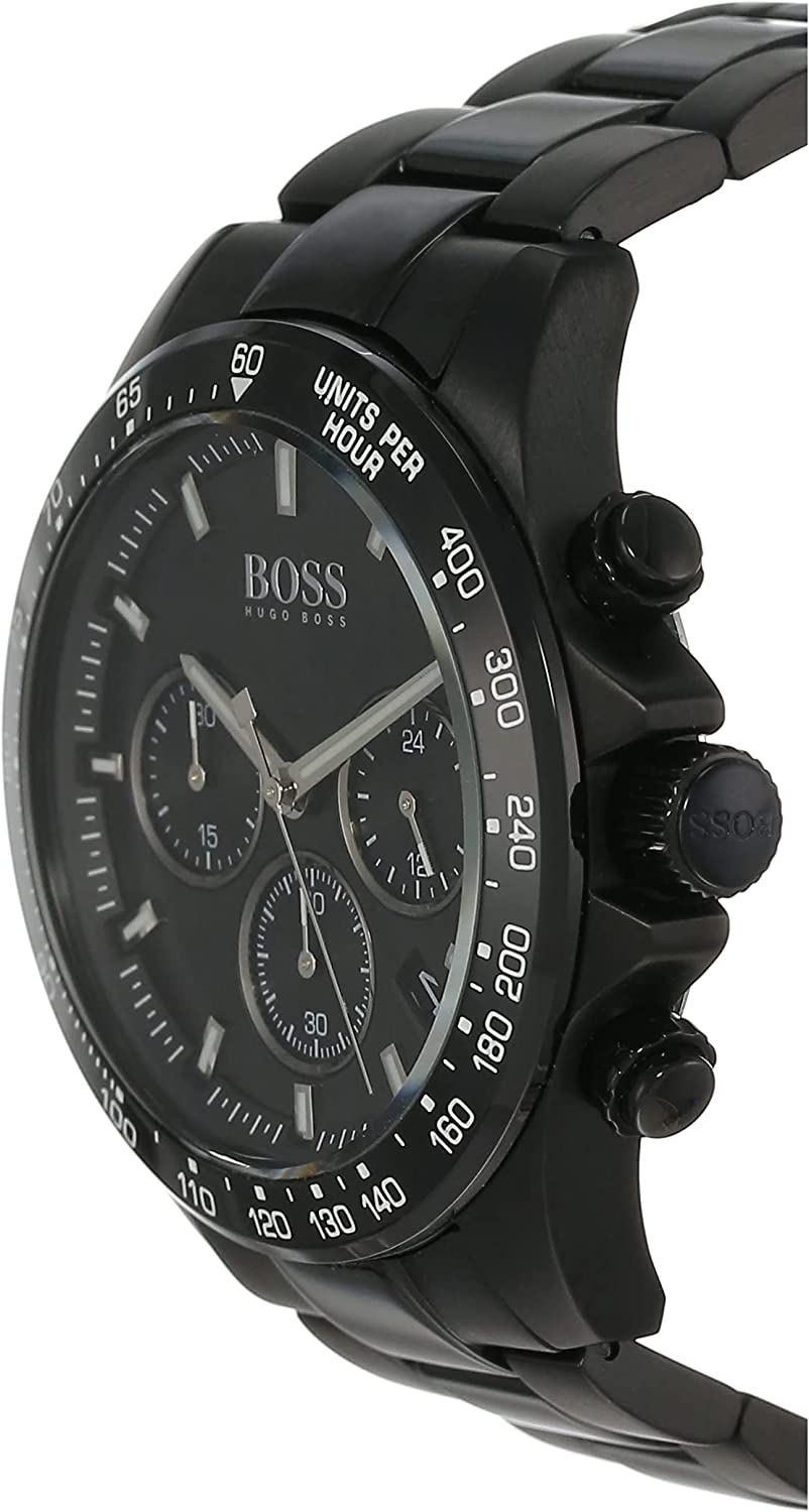 Side angle view of Hugo Boss Hero Sports chronograph watch showing case profile and pushers